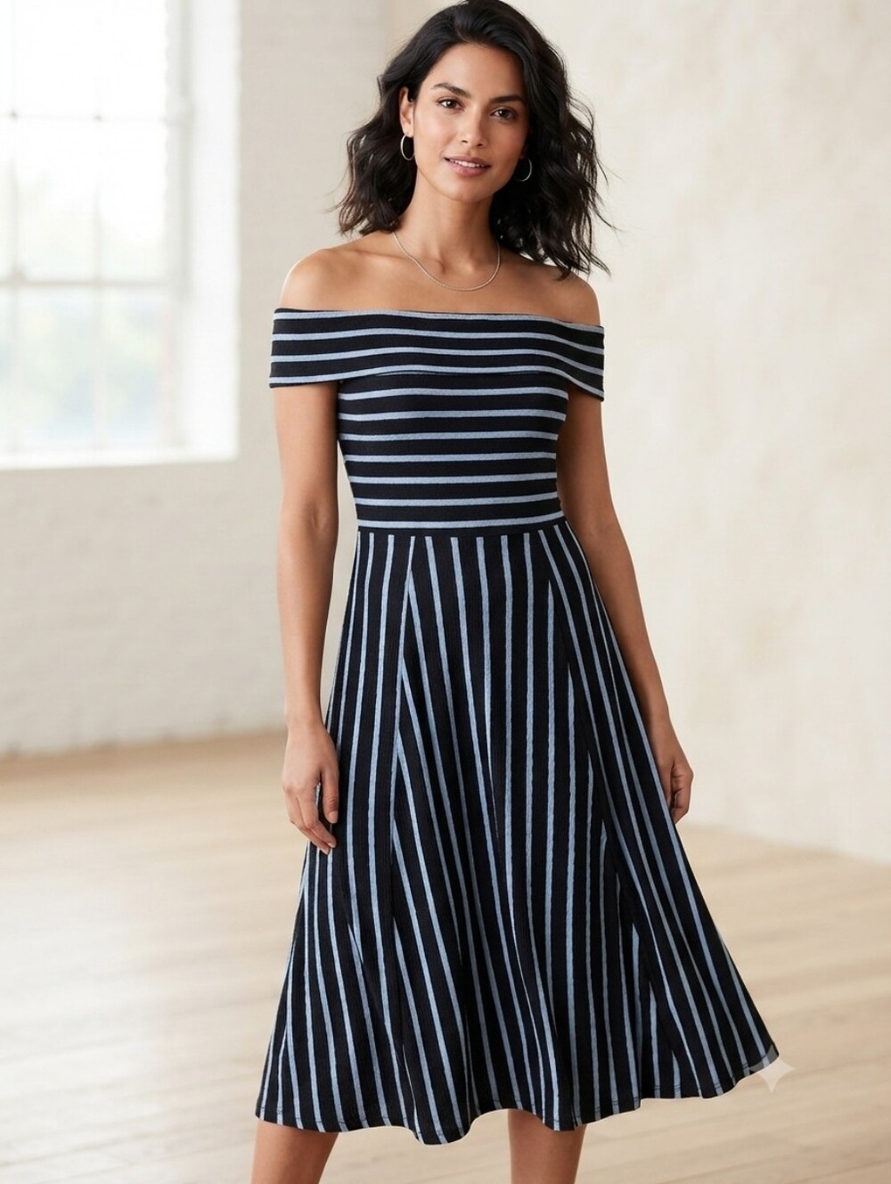 NEW No Tags Mossimo Over Off-Shoulder Blck & Whte Striped Fit-and-Flare Dress M - Picture 15 of 15